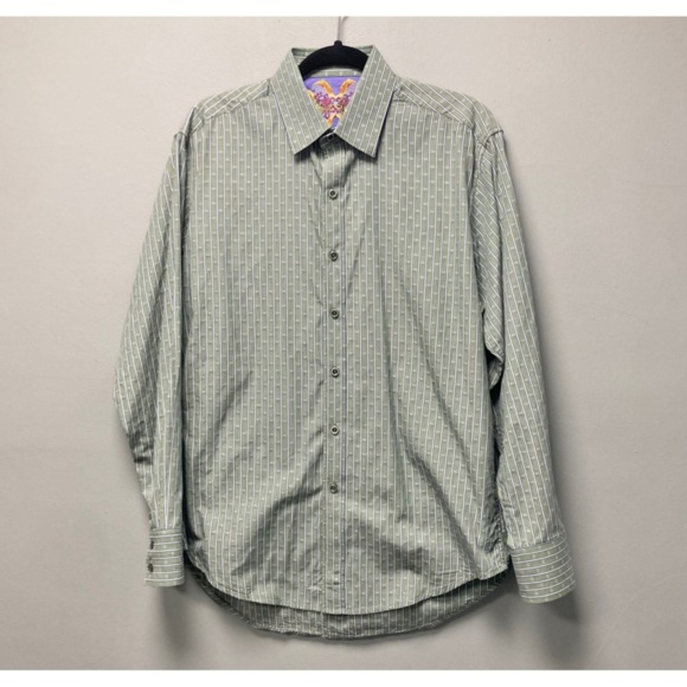 Robert Graham Mens L Green Blue Striped Dobby Long Sleeve Button Down Shirt - Picture 2 of 8